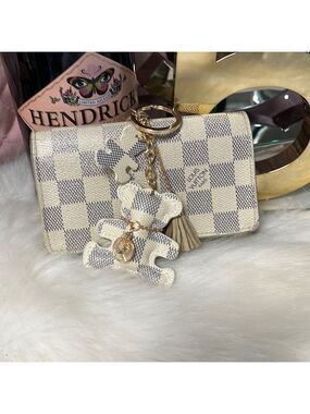 BLUE & WHITE CHECKERED BEAR CHARM KEYCHAIN WITH TASSEL